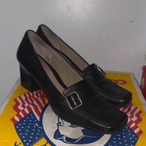 Easy Spirit Black Leather Block Heel Loafers with Buckle size 7.5M